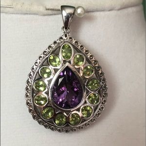 Amethyst & Peridot Gemstones (12.87 cts) in Rhodium over Sterling Silver Pendant